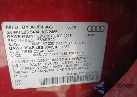 2019 Audi Q5 45 Premium из США, поврежденный, VIN WA1BNAFY0K2124283